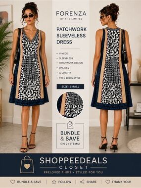 Forenza Patchwork Sleeveless Dress – Black, White, Blue & Red Geom